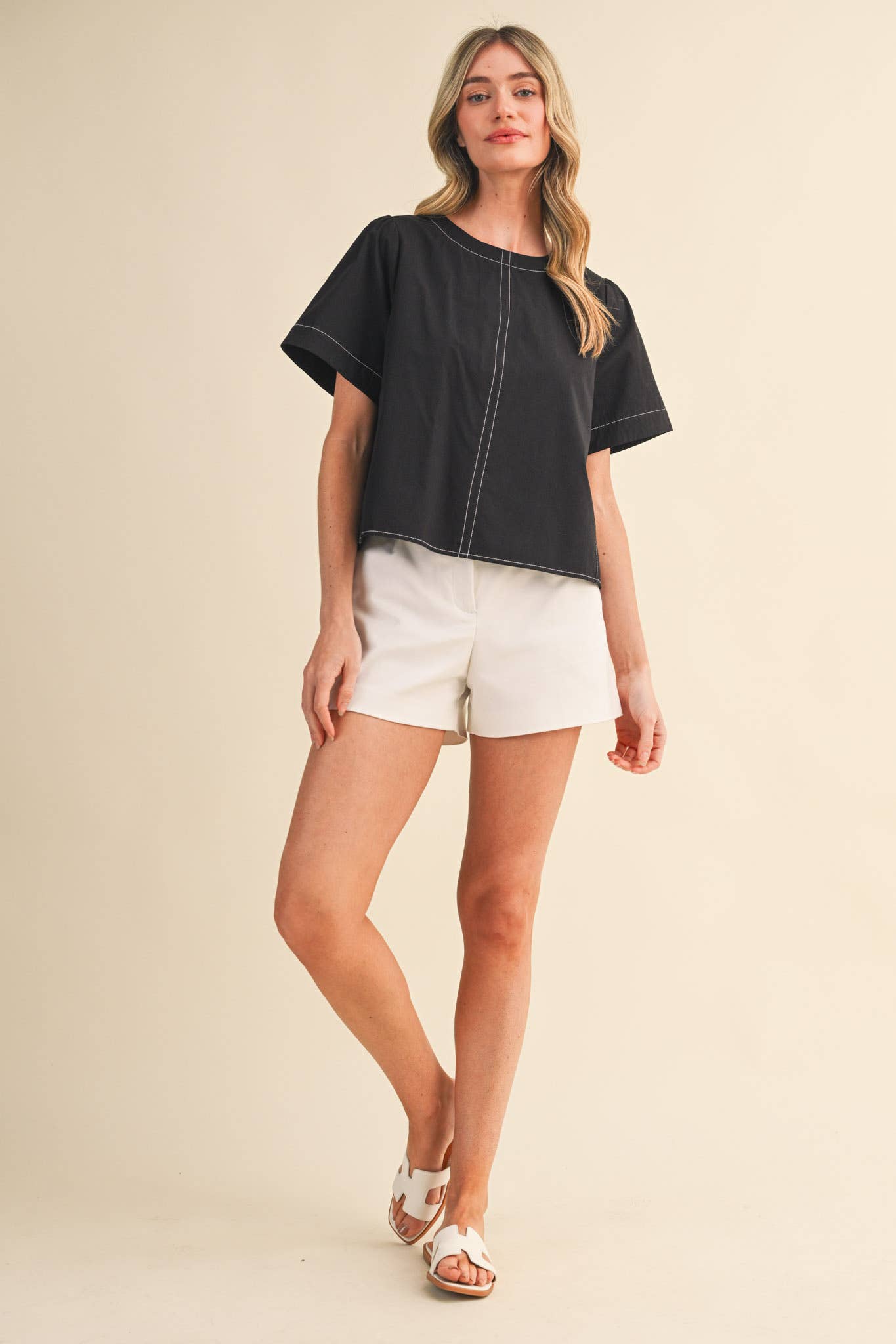 SEAM DETAIL SHORT SLEEVE BOXY TOP MTP4795: APPLE GREEN / M