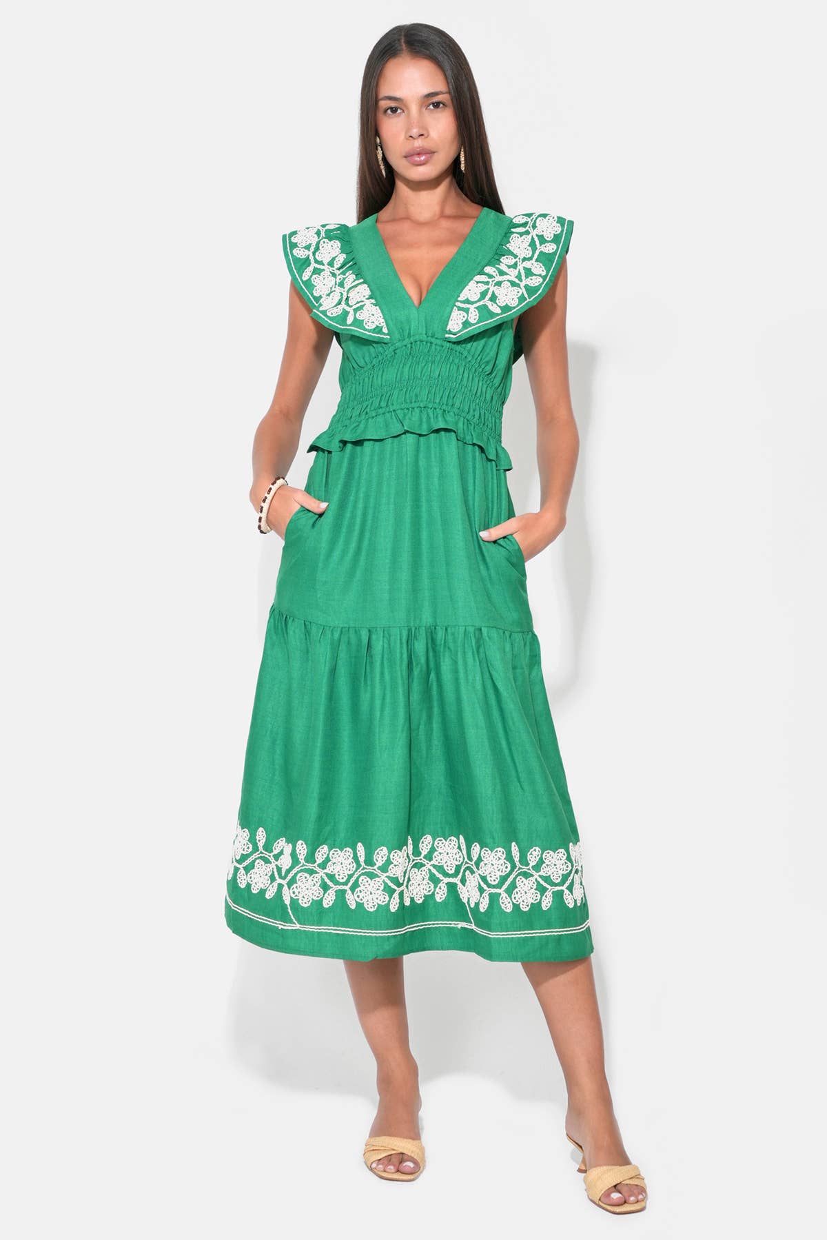 Amaya Ruffle Embroidery Midi Dress: Green/Natural / L