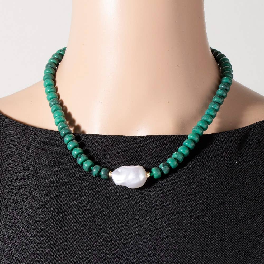 Pearl Pendant Green Stone Beaded Necklace: B