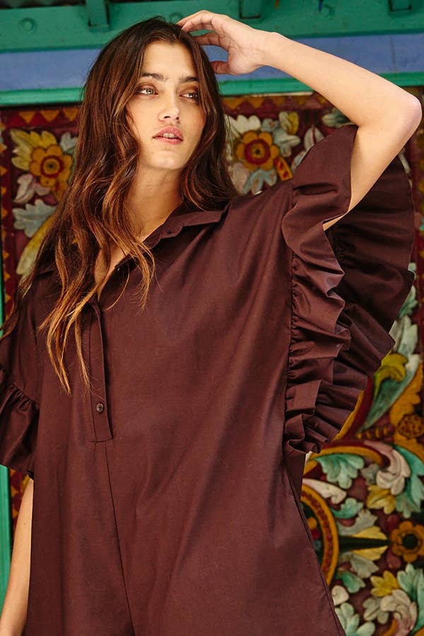 R5280 Ruffled Sleeve Solid Romper: BROWN / S-M-L (2-2-2)