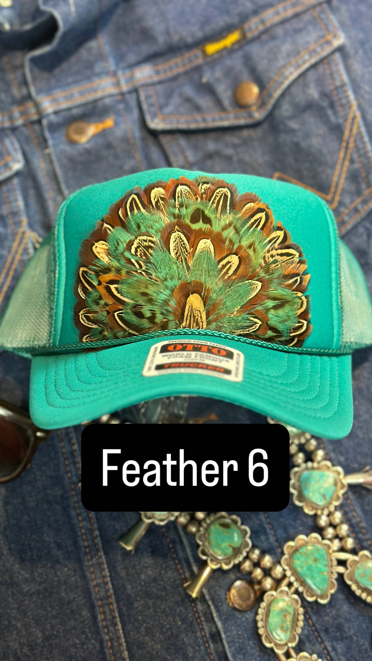 JADE FEATHER TRUCKER HAT: No Faux Turquoise / Feather 4