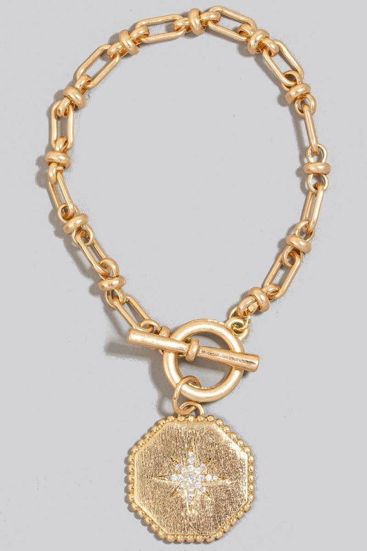 Studded North Star Coin Charm Toggle Chain Bracelet: WGCR