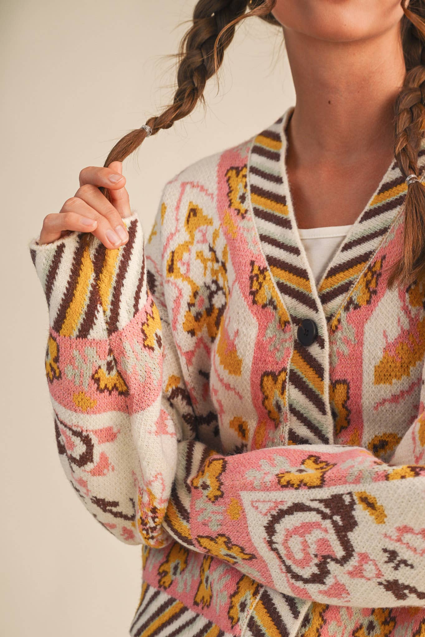 PAISLEY KNIT SWEATER CARDIGAN MSW11102: Ivory Coral Multi / S