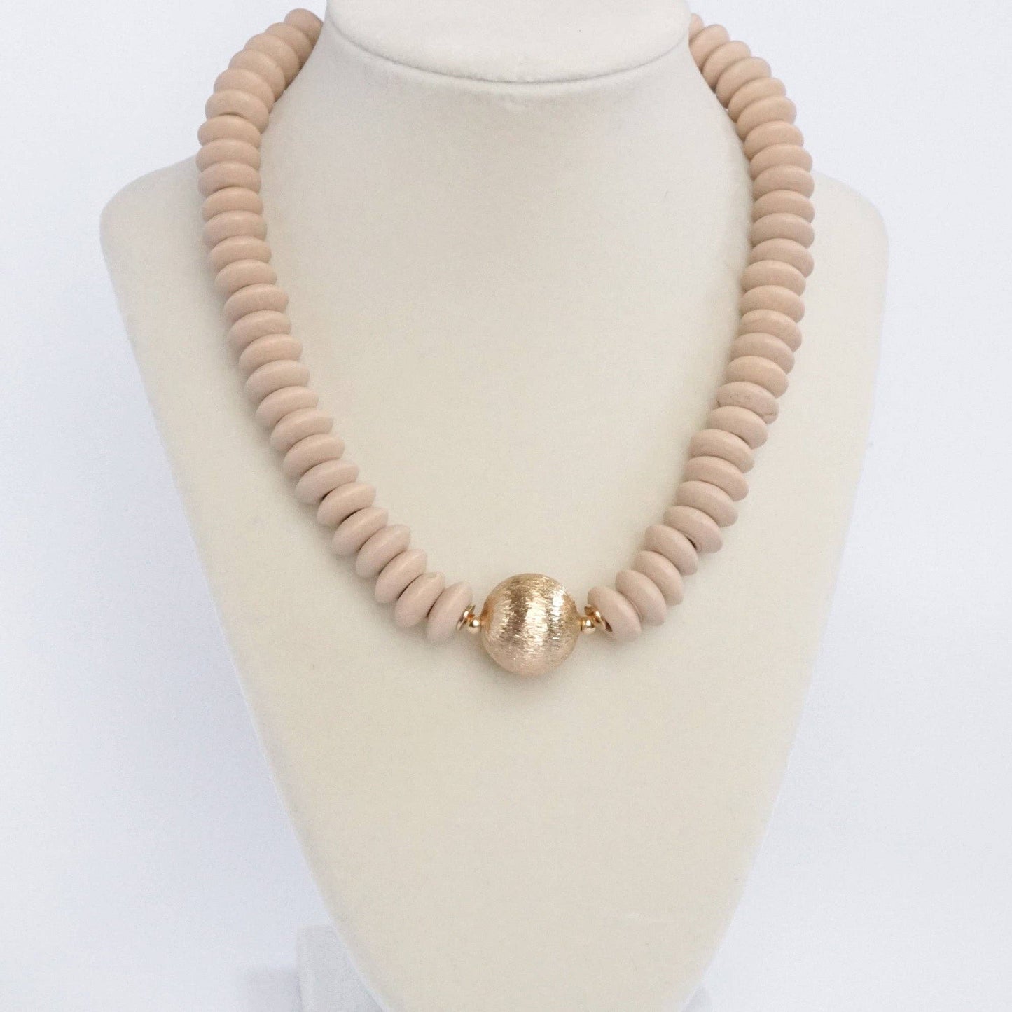 Wood Saucer Beads Short Statement Necklace Gold center Hot Pink Beige: Beige