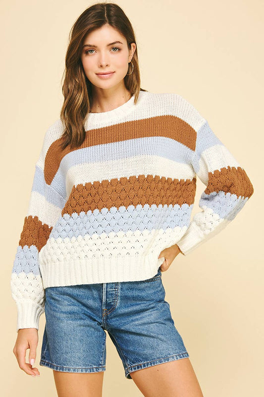 COLORBLOCK EMBROIDERED SWEATER - 6301WS: CREAM/BROWN/LT BLUE / M