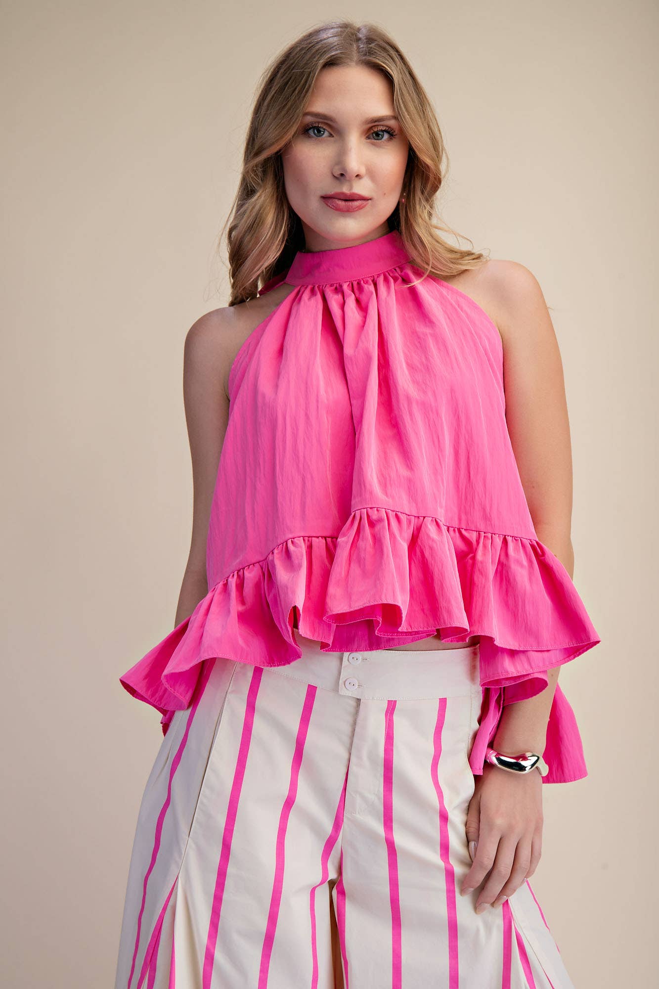 Halter Neck Sleeveless Back Neck Tie Ruffle Top: Hot Pink / L
