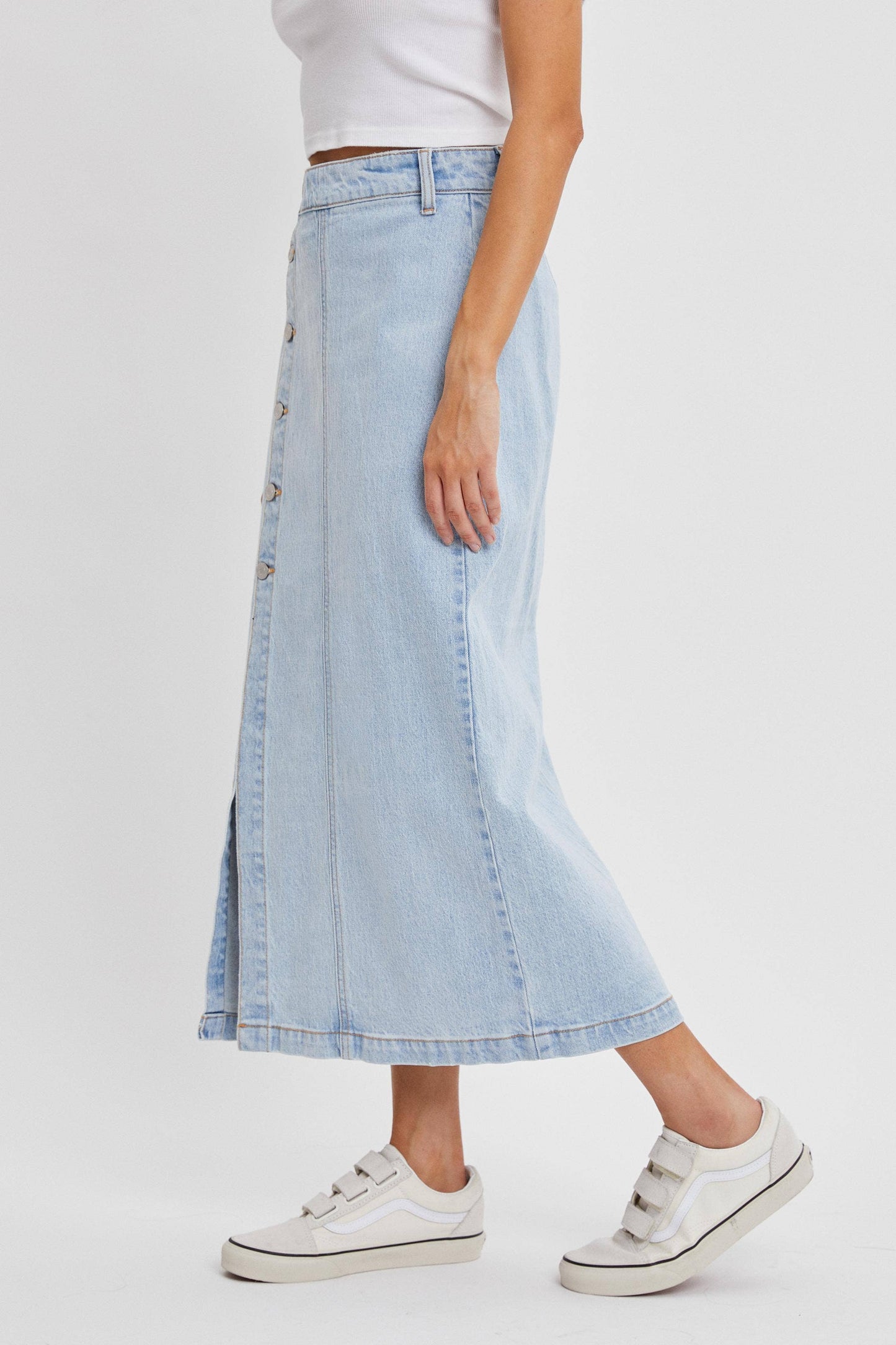 High Rise Denim Midi Skirt with Button Up Slit [WV59181SLT]: S
