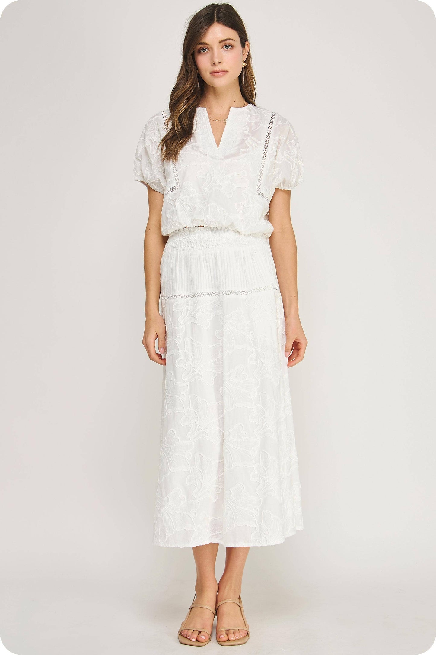 Floral Embroidery Cotton Lace Trim Skirt Top Set: Crystal Blue / M
