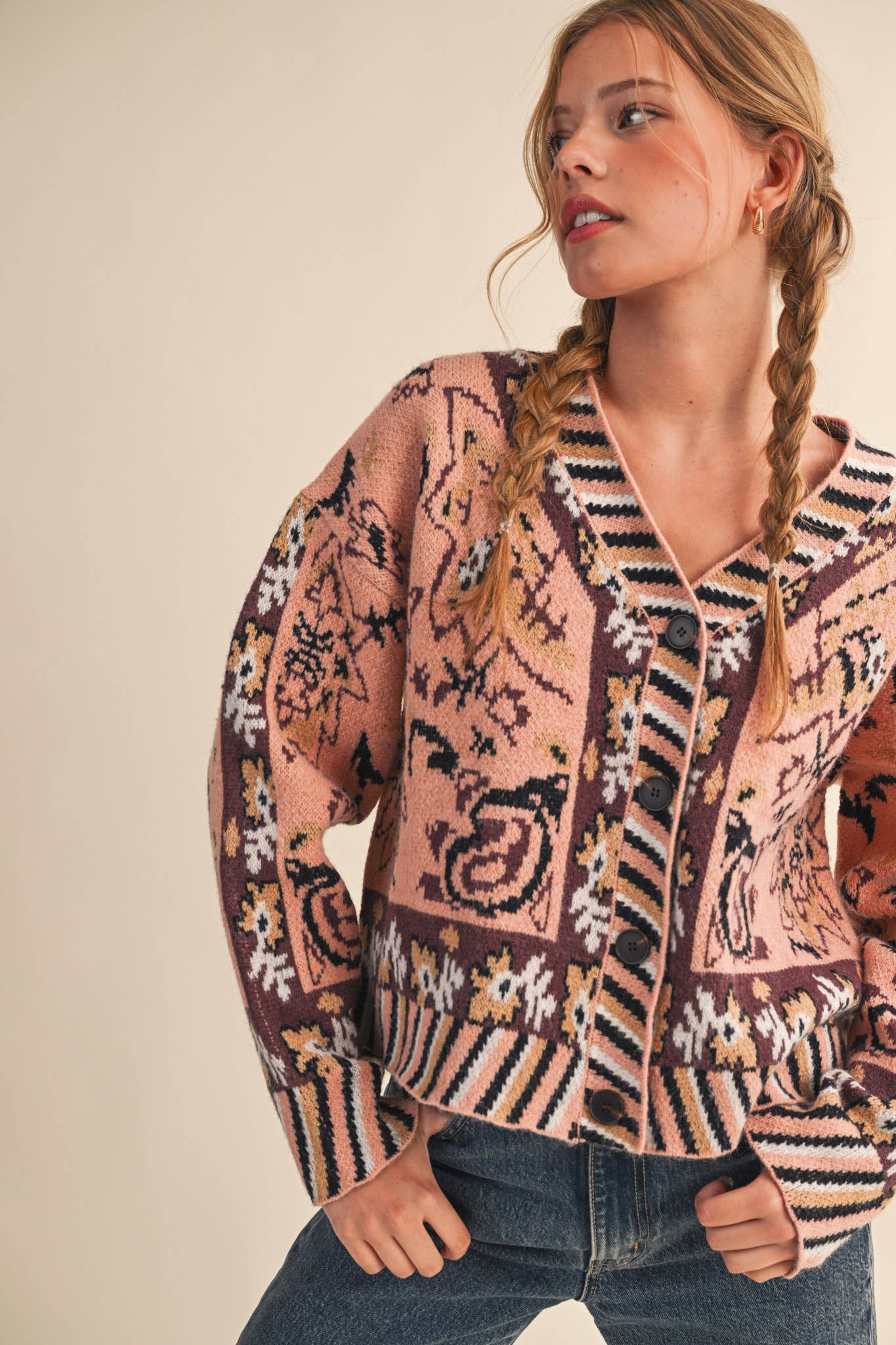 PAISLEY KNIT SWEATER CARDIGAN MSW11102: Ivory Coral Multi / M