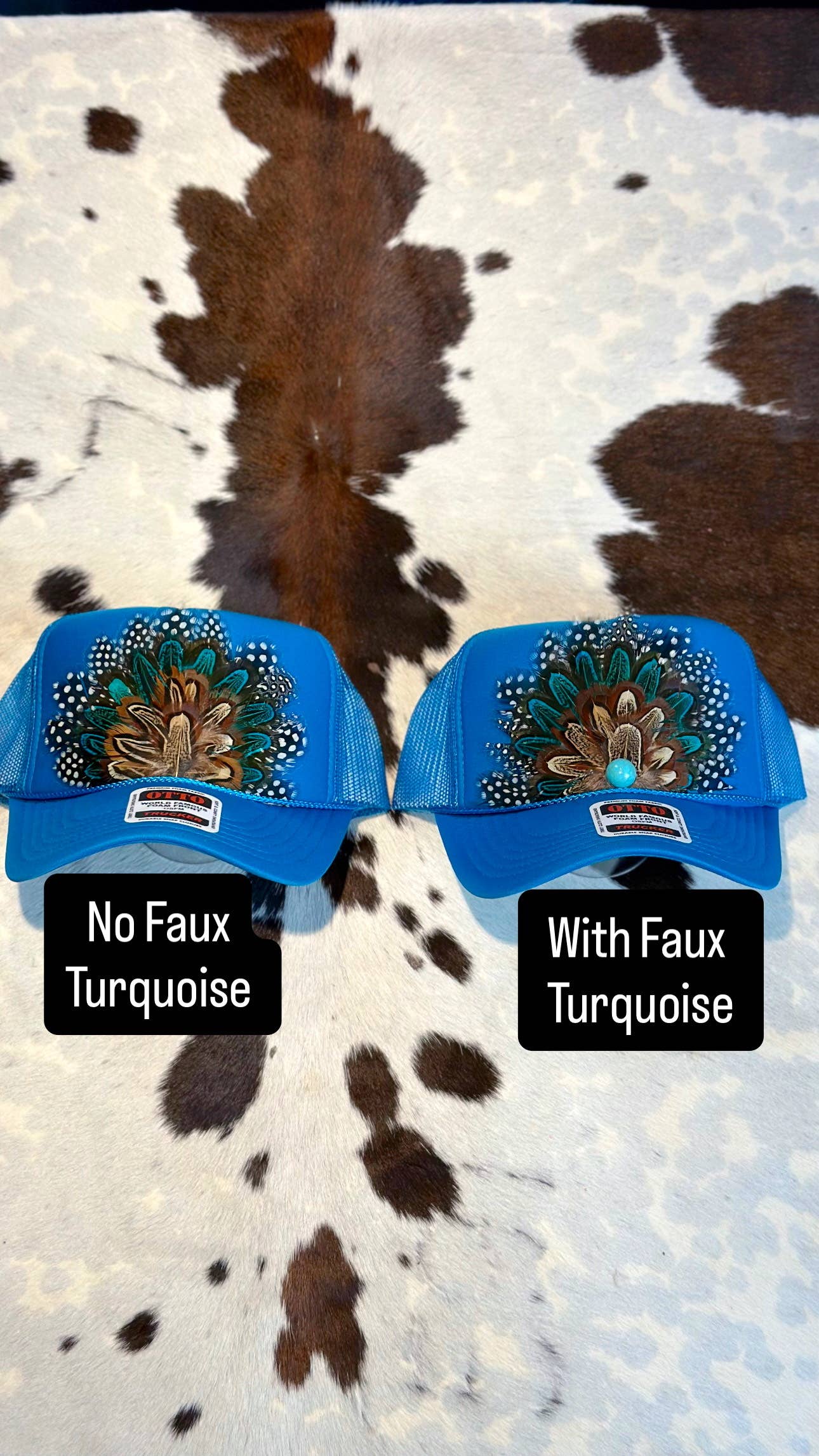 BLUE FEATHER TRUCKER HAT: No Faux Turquoise / Feather 1