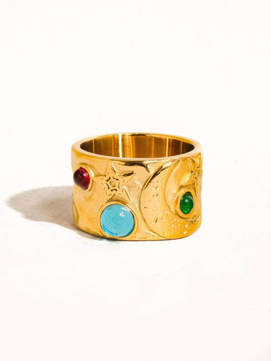 Thierry 18K Gold Non-Tarnish Vintage Stone Ring: Multi-Colored