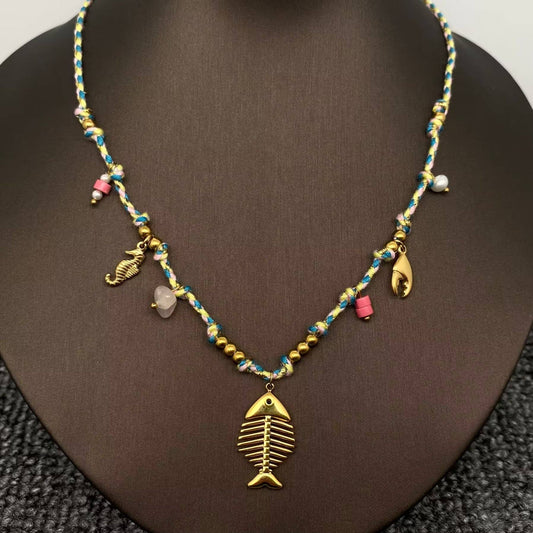 18K Golden SS Fishbone Charm Colored Rope Necklace - FGS