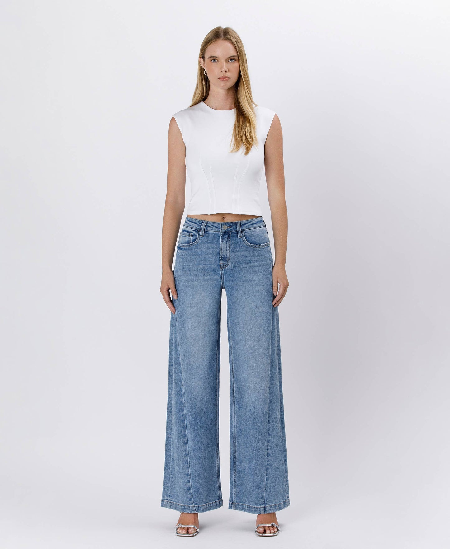 HIGH RISE SEAM DETAIL PALAZZO JEANS V3608: ENTHUSE / 30