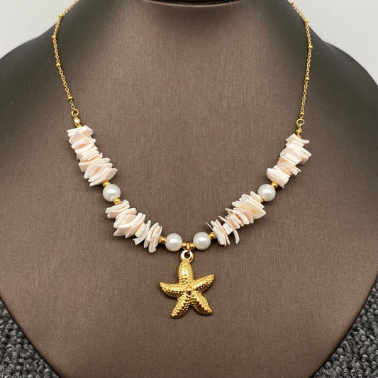 Starfish Charm Pearl & Shell Beaded 18K Golden Necklace -FGS