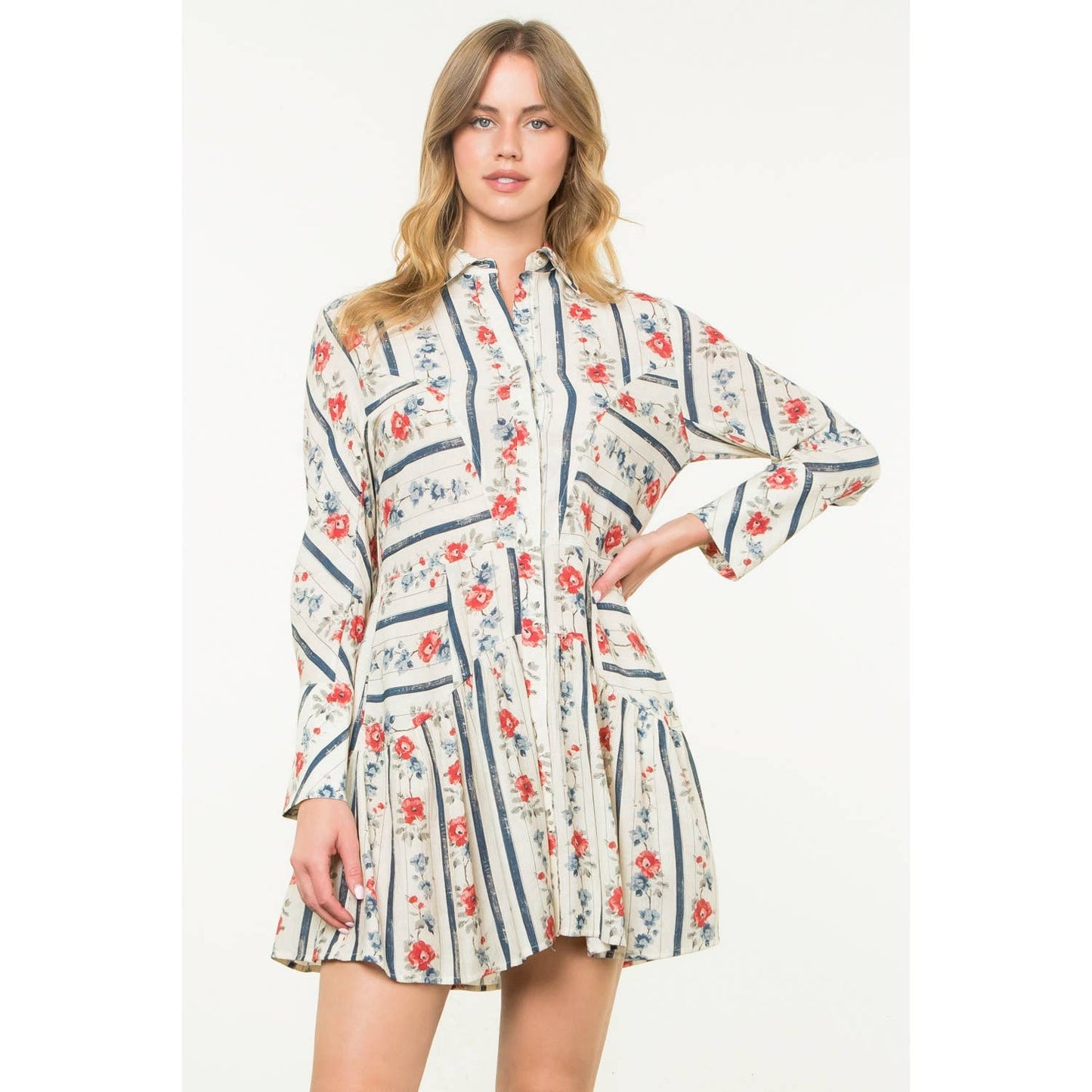Long Sleeve Floral Dress: CREAM / XS-S-M-L(1-2-2-1)