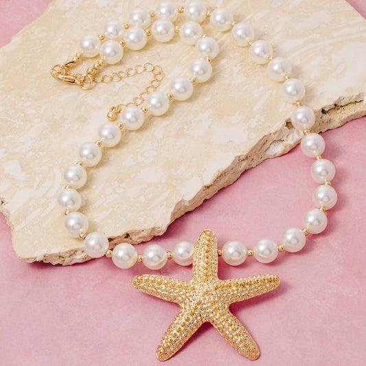 Gold Dipped Starfish Pendant Pearl Beaded Necklace: GDCRM