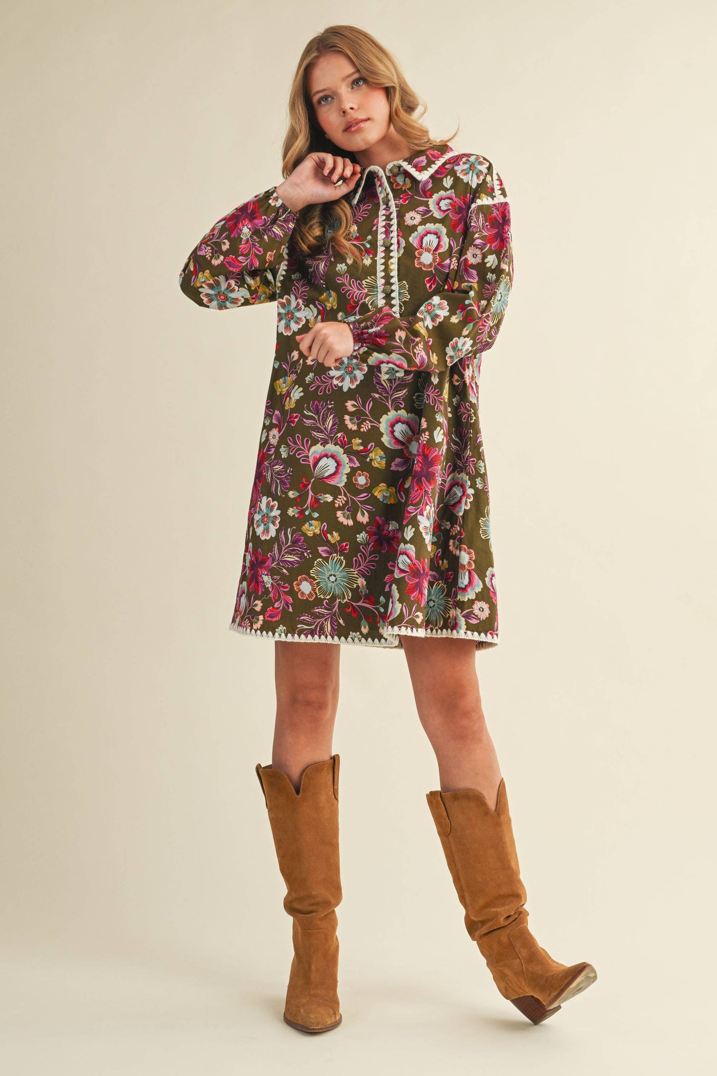 EXCLUSIVE PRINT BLANKET STITCH BUTTONED MINI DRESS MDR4298: Cream Multi / M