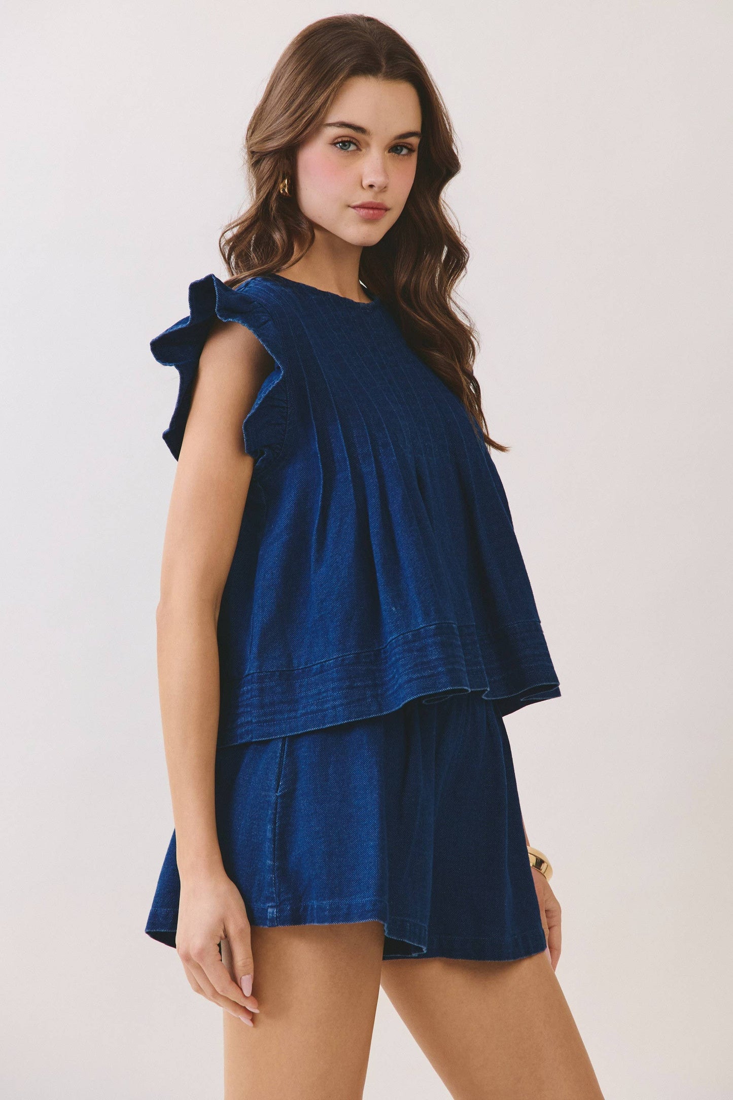 CT9811-Denim Ruffle Sleeve Pleated Detail Top: DENIM / M