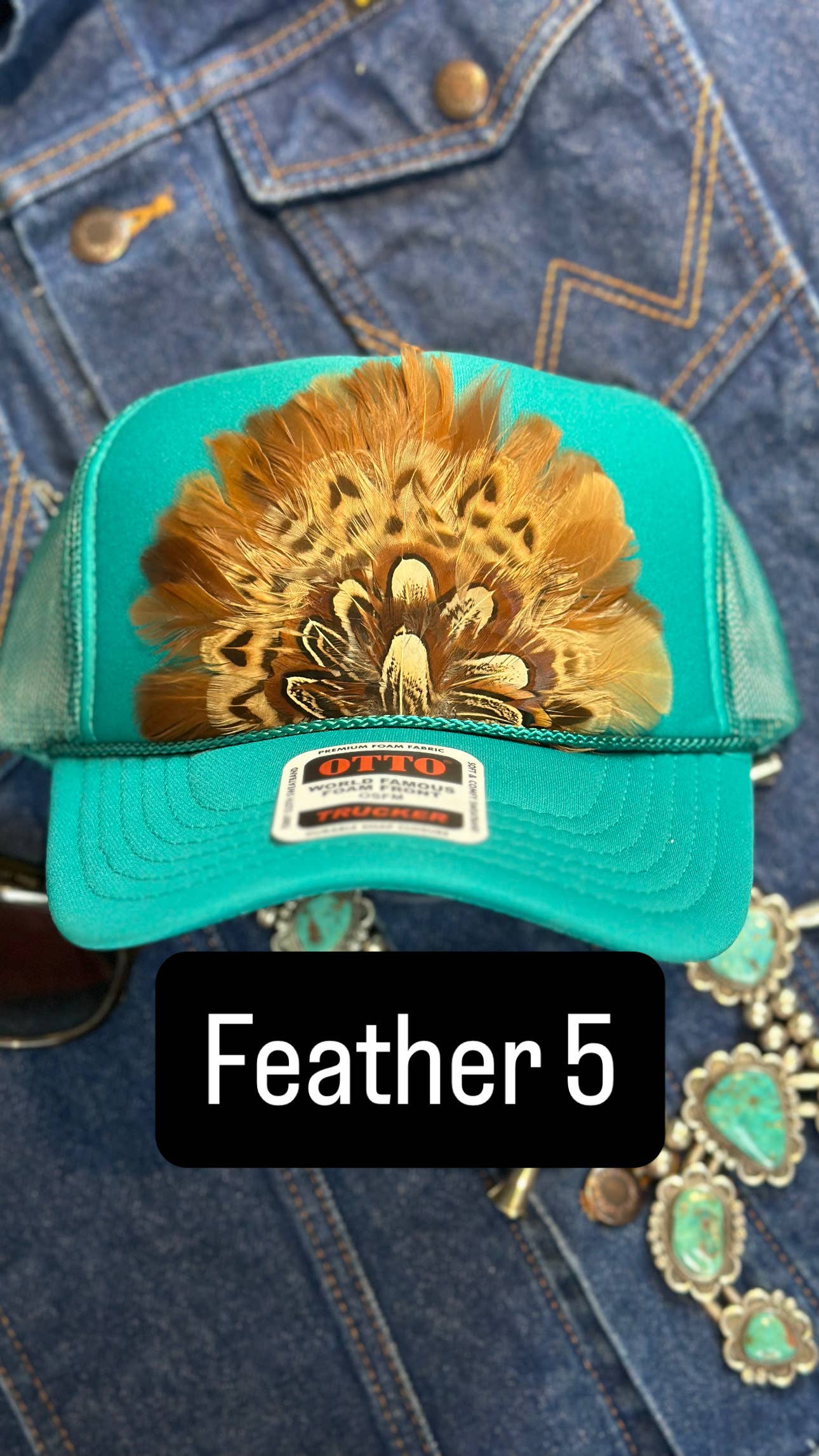 JADE FEATHER TRUCKER HAT: No Faux Turquoise / Feather 4
