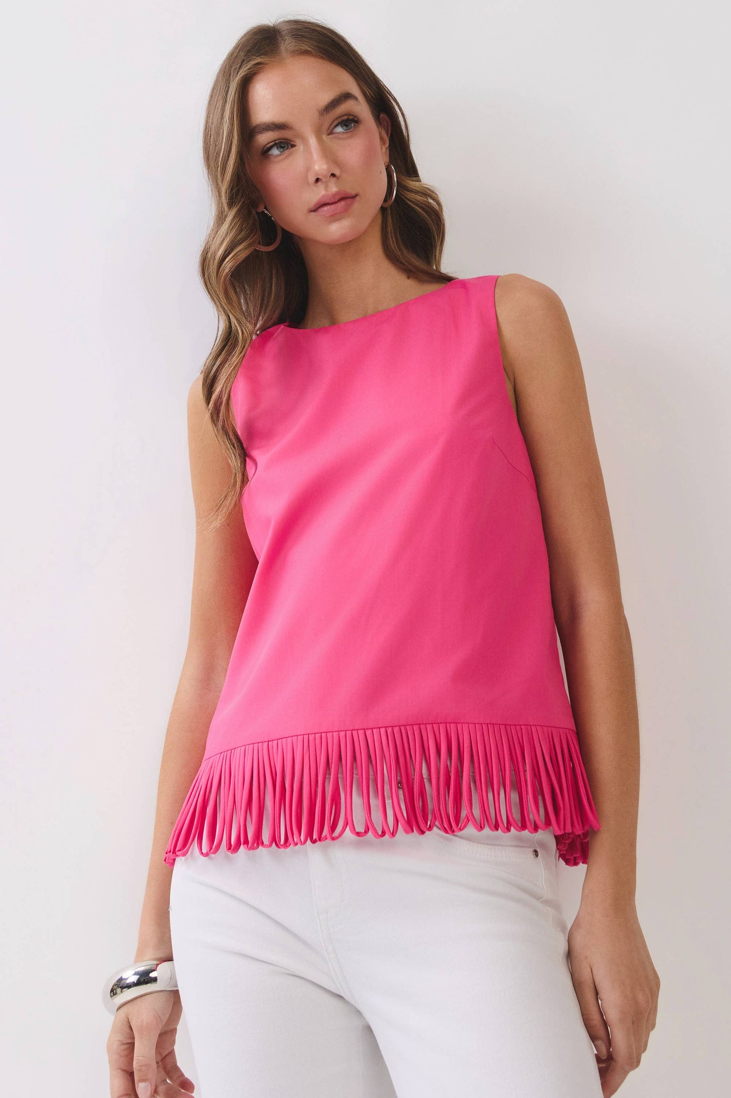 CT10040-Fringe Hem Sleeveless Top: Fuchsia / L