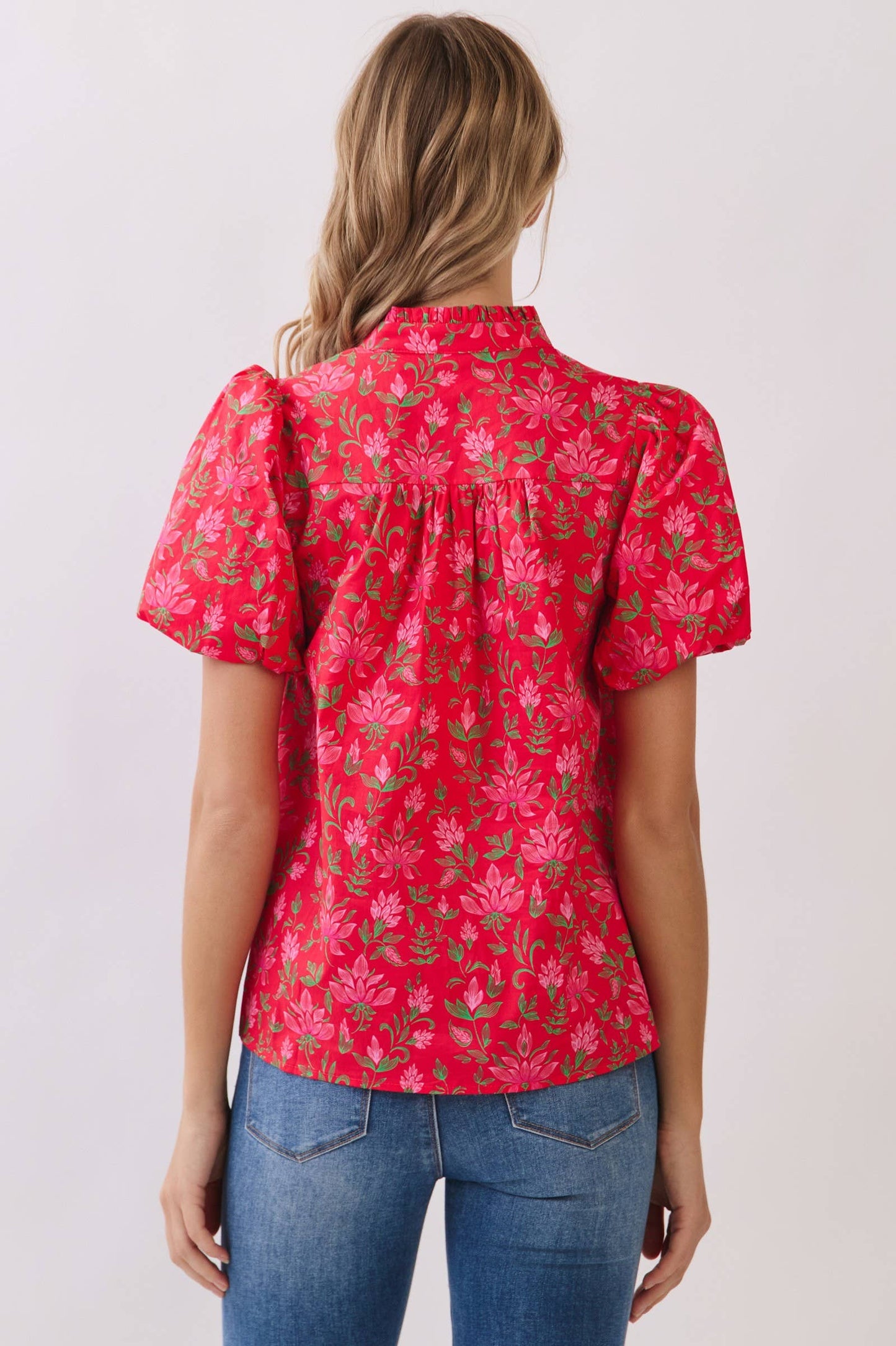 CT10048-Floral Print Puff Sleeve Blouse: RED / M