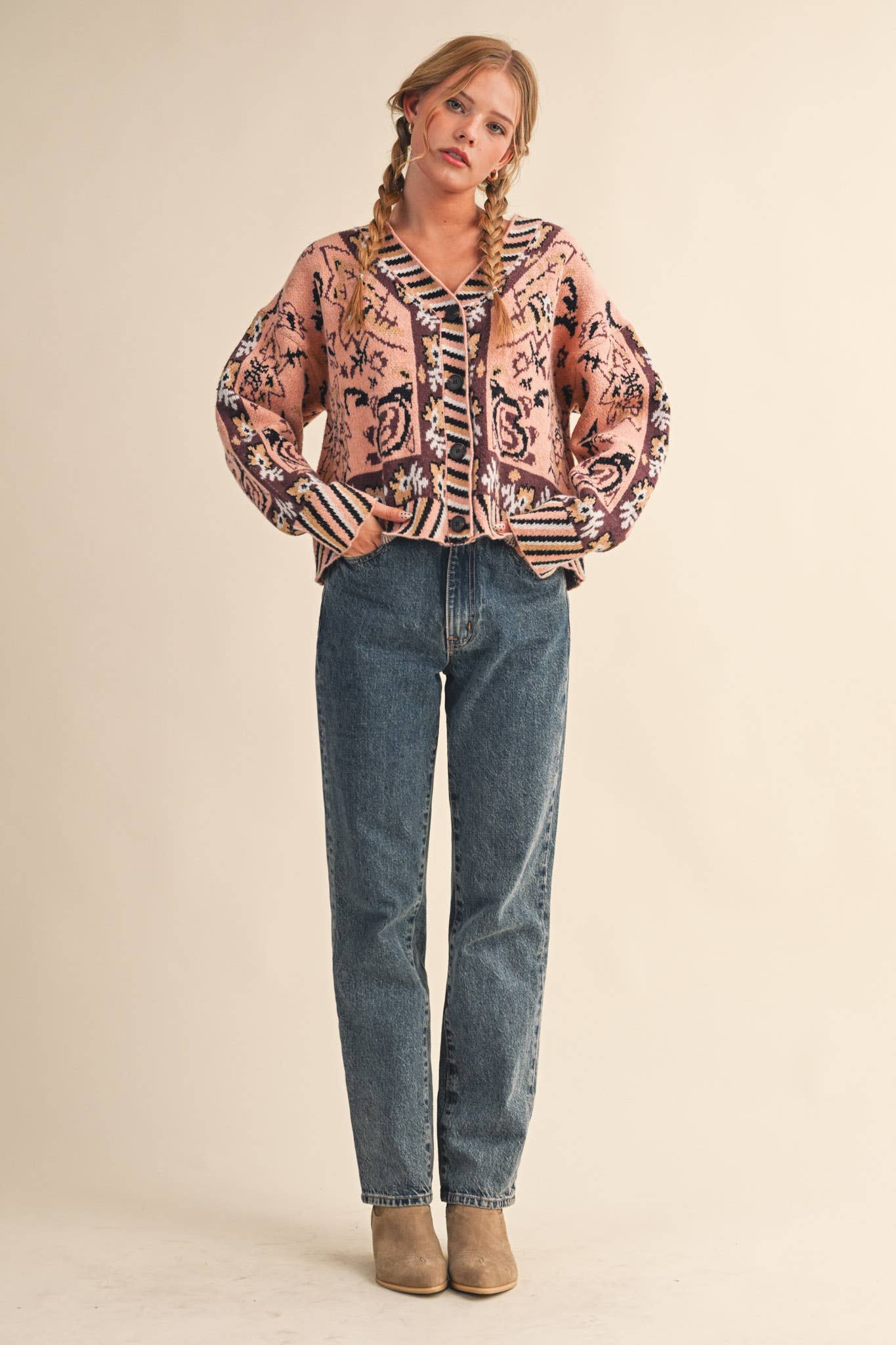 PAISLEY KNIT SWEATER CARDIGAN MSW11102: Ivory Coral Multi / L