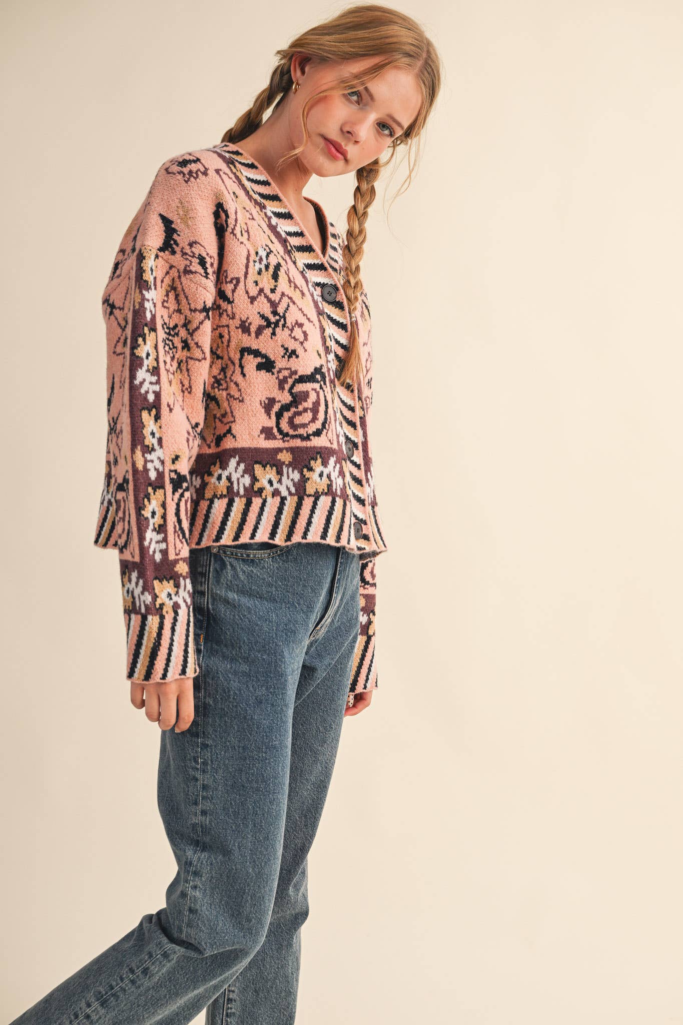 PAISLEY KNIT SWEATER CARDIGAN MSW11102: Ivory Coral Multi / M