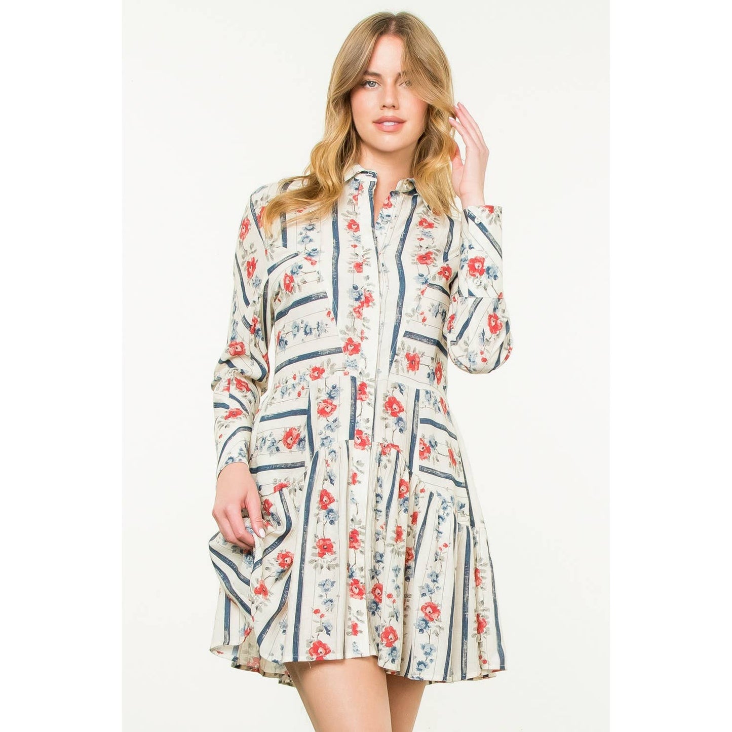 Long Sleeve Floral Dress: CREAM / XS-S-M-L(1-2-2-1)