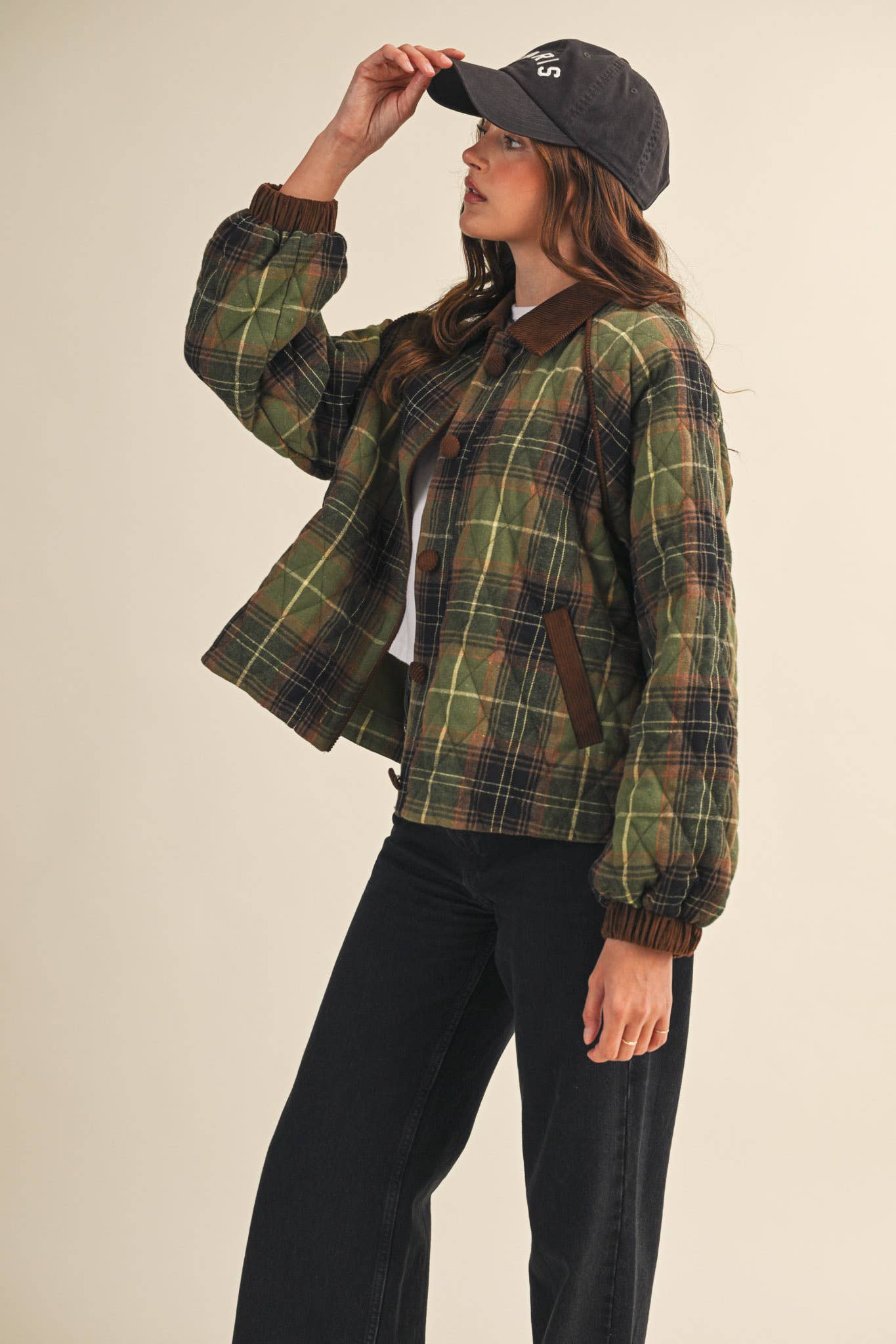 PLAID QUILTED JACKET WITH CONTRAST CORDUROY DETAIL MJK4115: Olive Multi Plaid / M