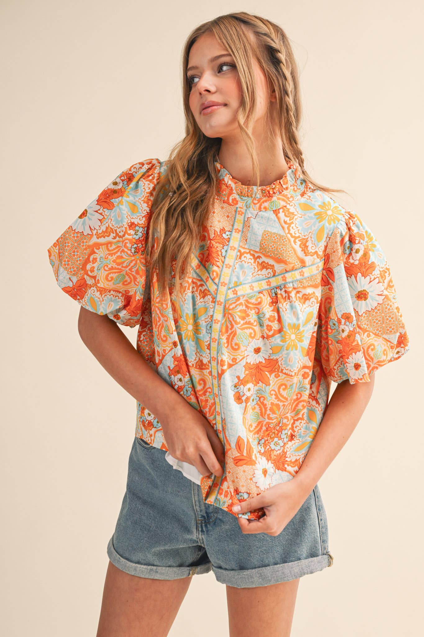 EXCLUSIVE FLORAL PRINT EMBROIDERY TRIM TOP MTP4610: ORANGE MULTI PAISLEY / S