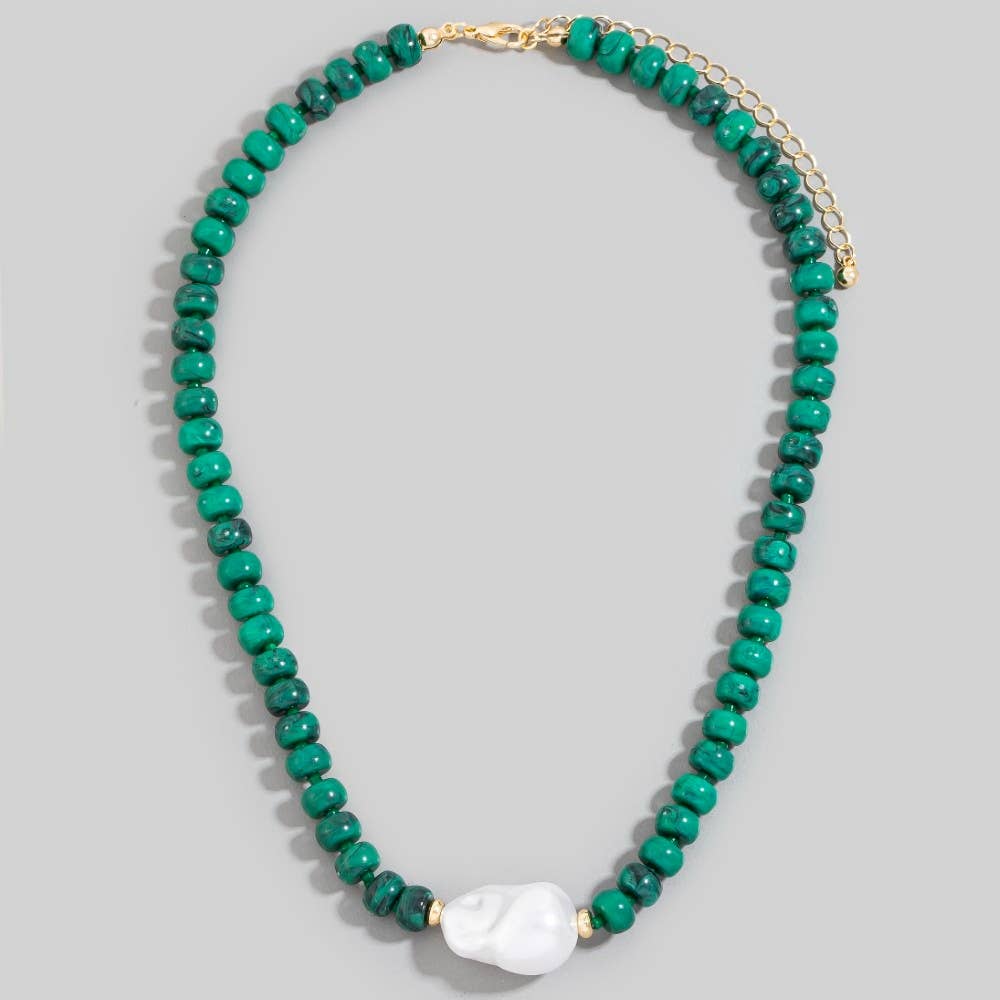 Pearl Pendant Green Stone Beaded Necklace: B