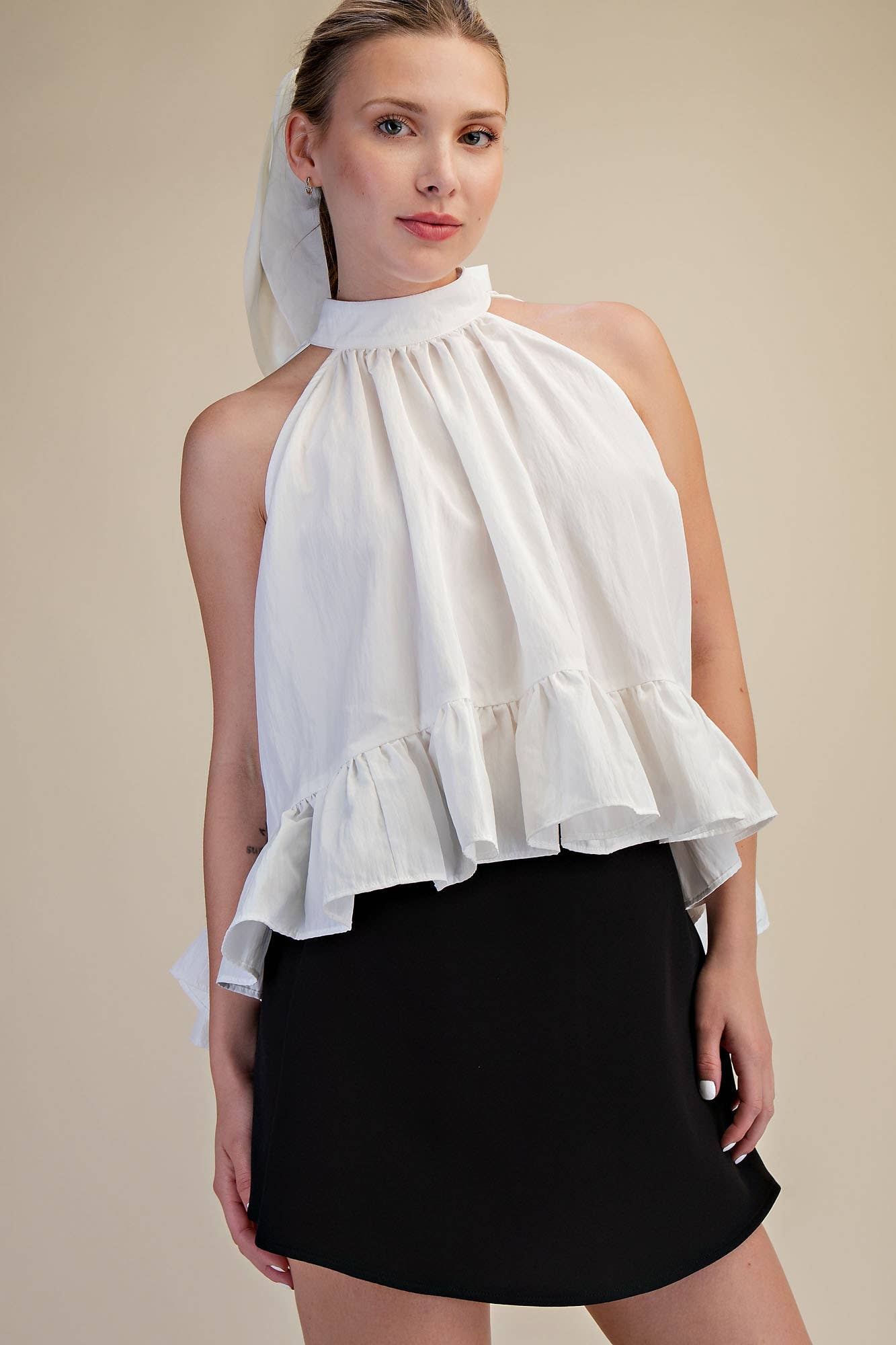 Halter Neck Sleeveless Back Neck Tie Ruffle Top: Hot Pink / L