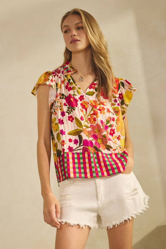 Floral Border Printed Flutter Sleeve Blouse: Peach Bloom / M