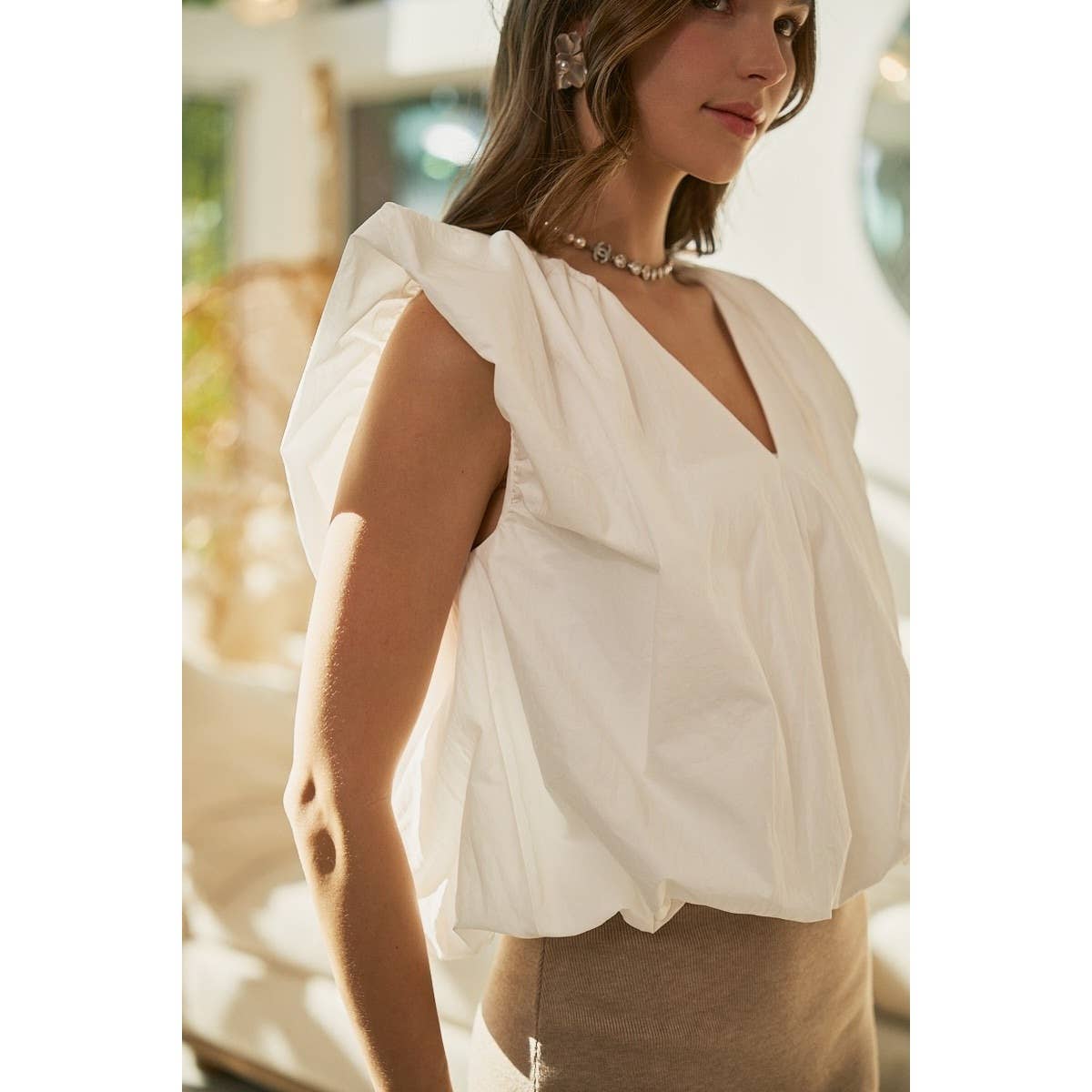 Quiet Elegance Sleeveless V Neck Blouse Top: SMOKY BLACK / S-M-L-XL(2-2-2-2)