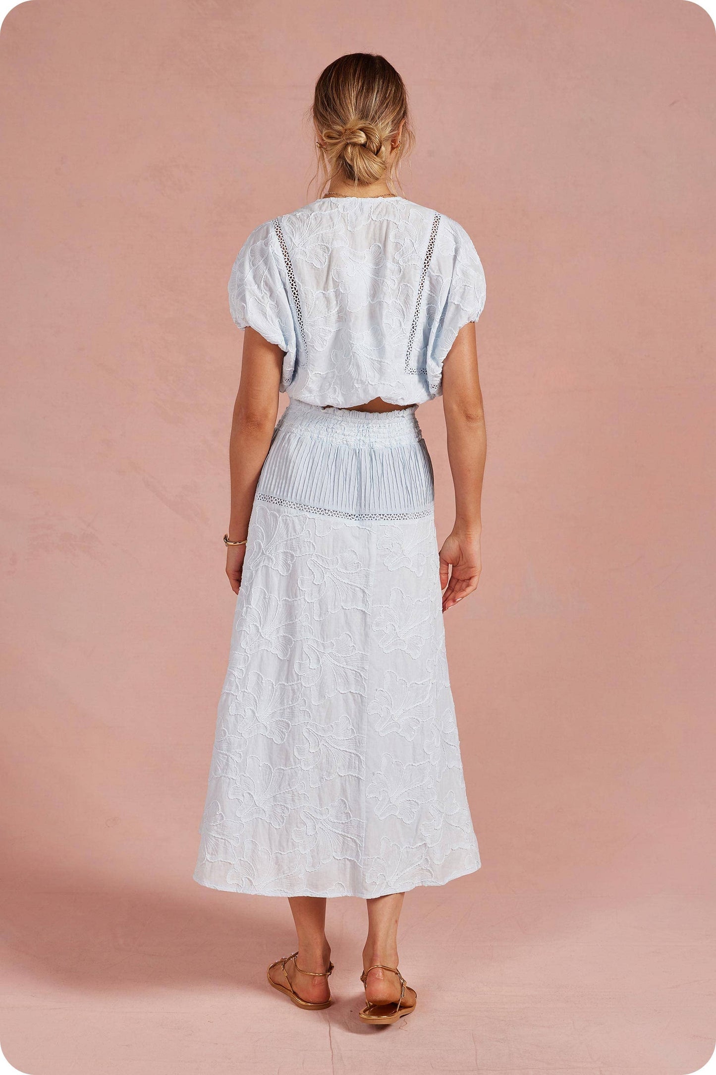 Floral Embroidery Cotton Lace Trim Skirt Top Set: Crystal Blue / M