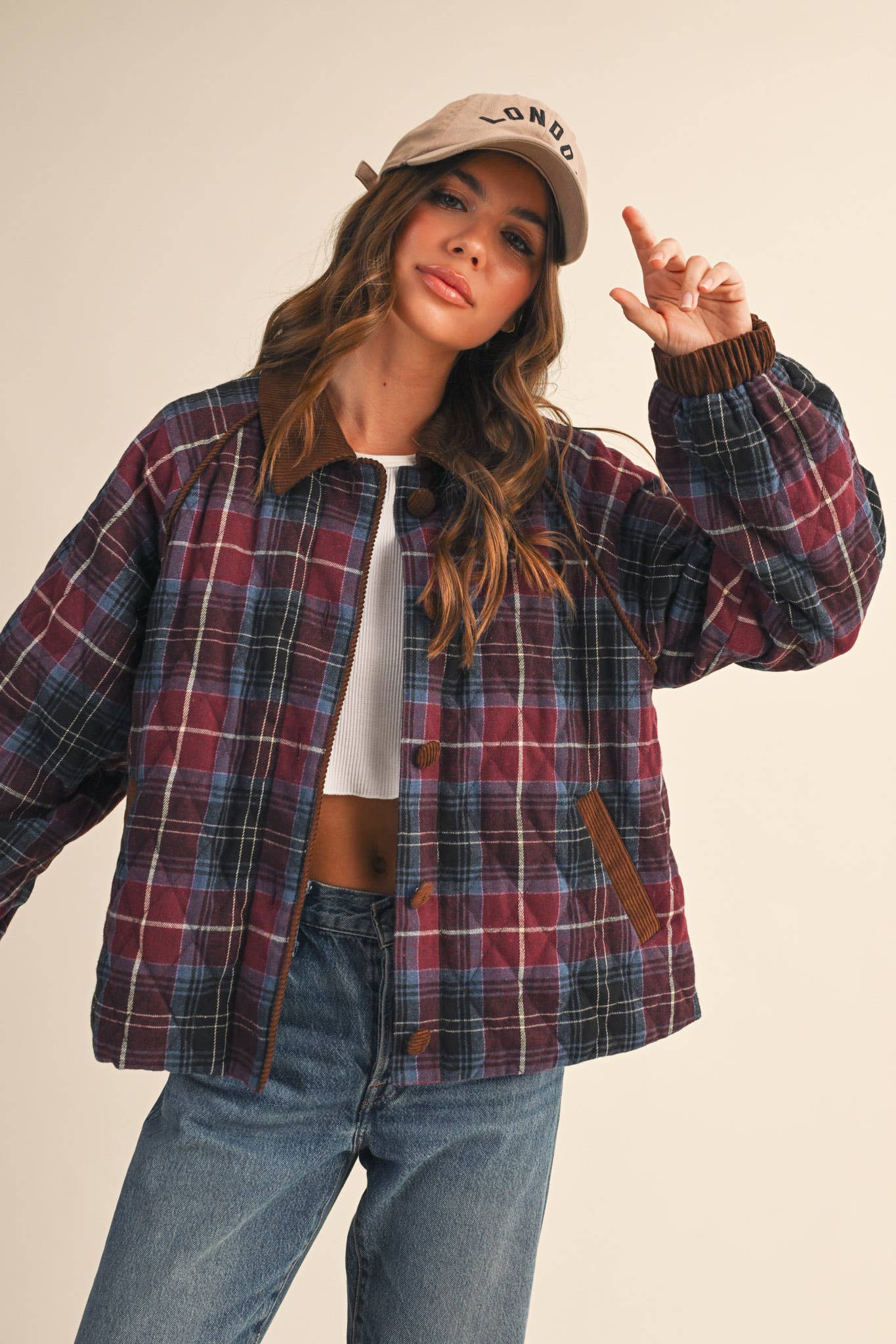PLAID QUILTED JACKET WITH CONTRAST CORDUROY DETAIL MJK4115: Olive Multi Plaid / M