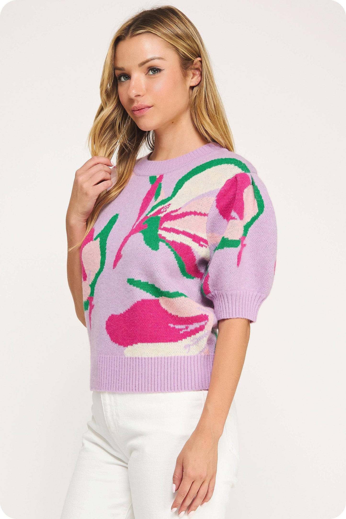 Floral Pattern Short Sleeve Knit Top: Spicy Orange Multi / S
