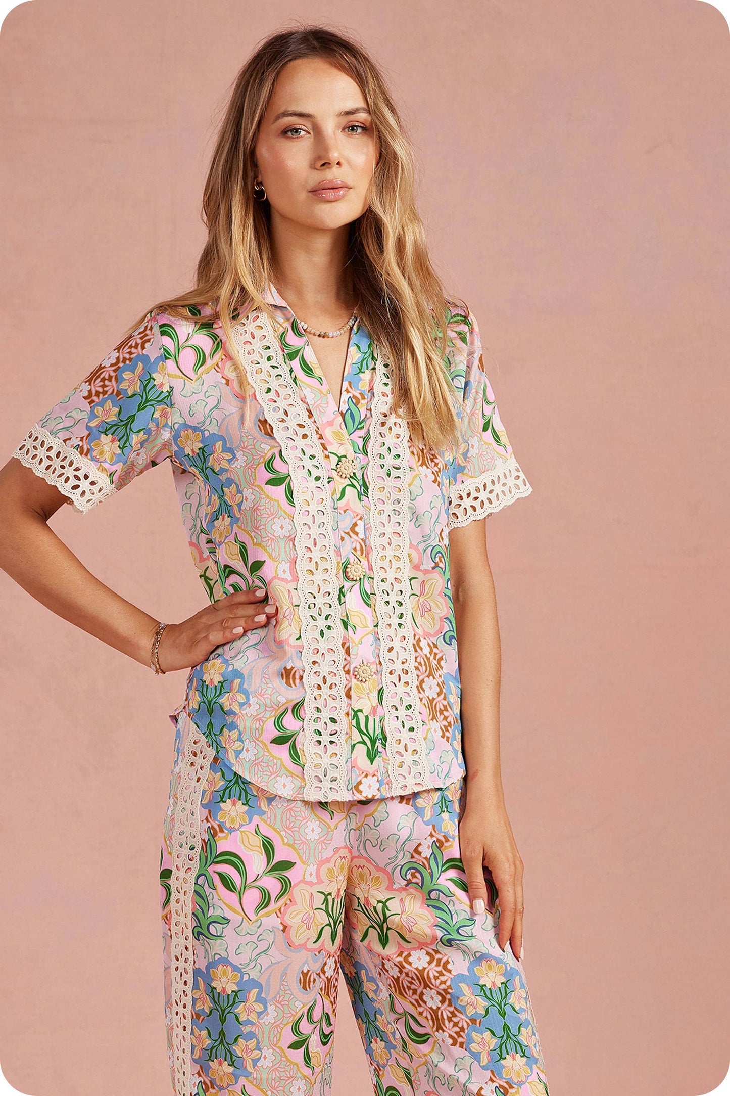Garden Party Crochet Contrast Trim Satin Shirt: Multi / L