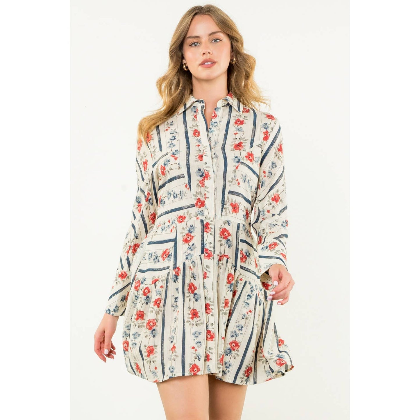Long Sleeve Floral Dress: CREAM / XS-S-M-L(1-2-2-1)