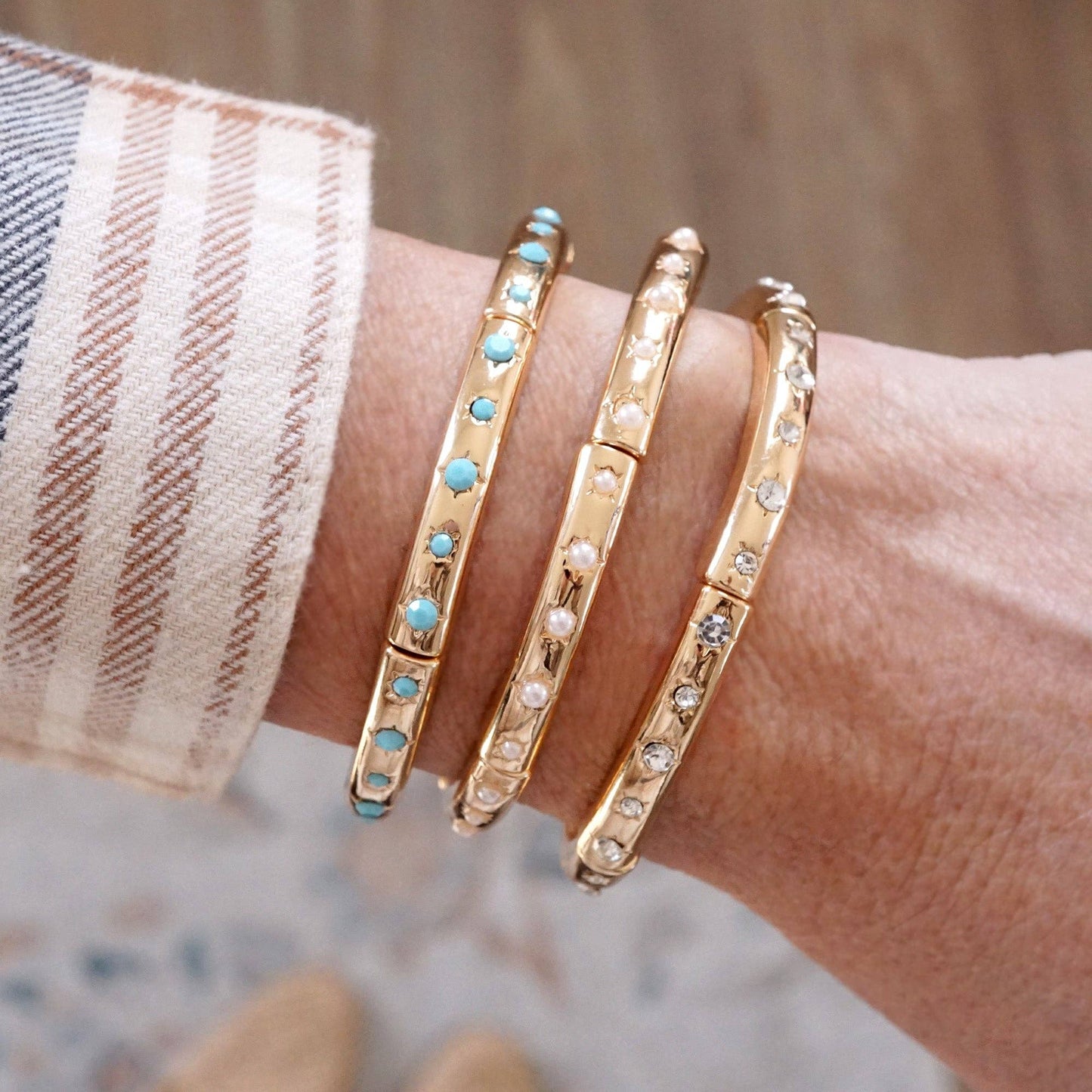 Gold-Tone Eternity Stretch Bangle – Pearls, Turquoise, or Crystals: Wide - Turquoise