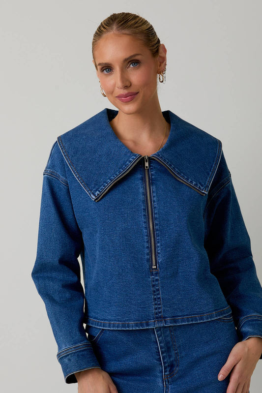 PETER PAN COLLAR LONG SLEEVE ZIP-UP DENIM TOP: DENIM / S
