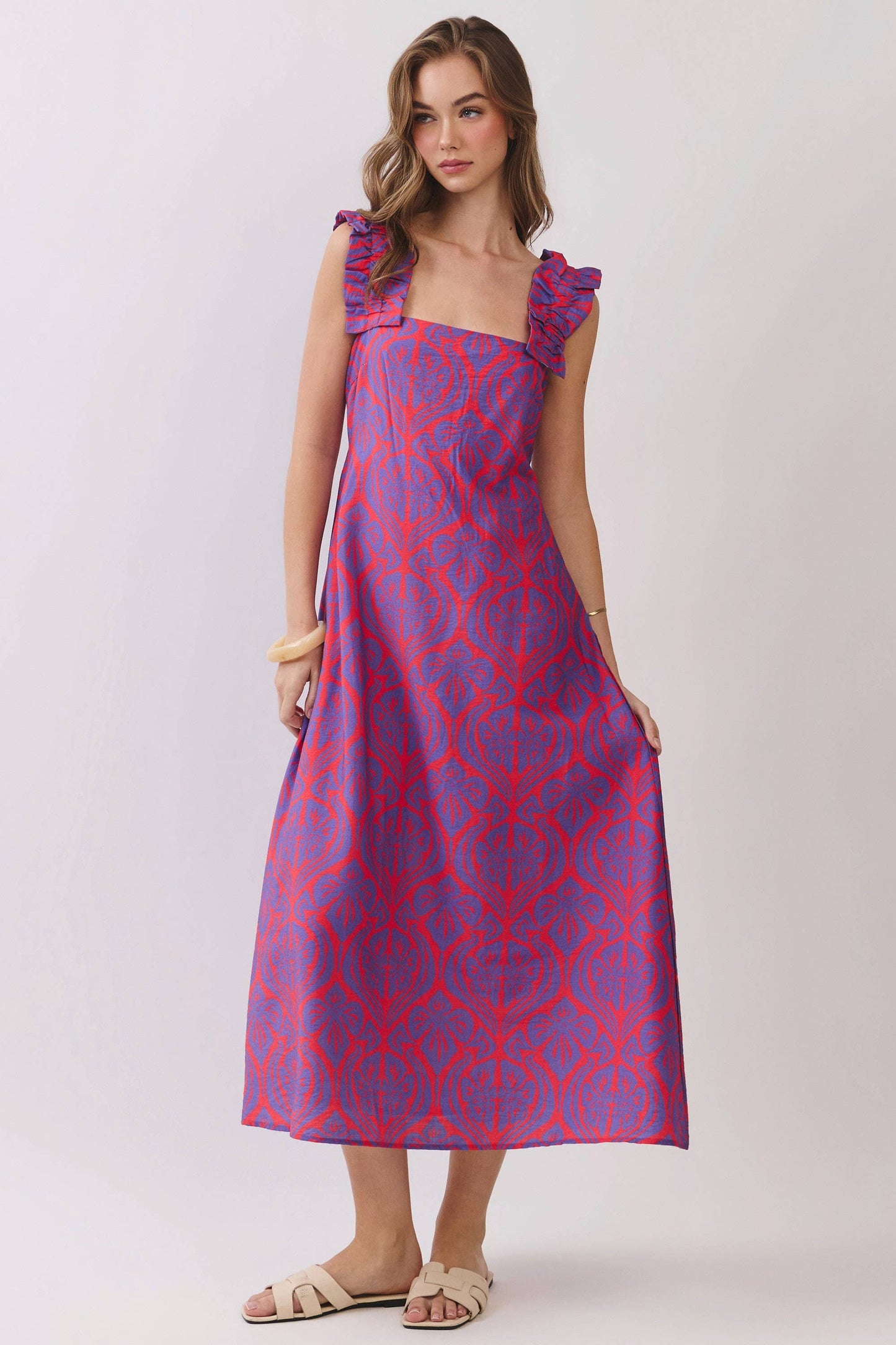 CD07126-Ruffle Strap Geometric Print Midi Dress: Red / L