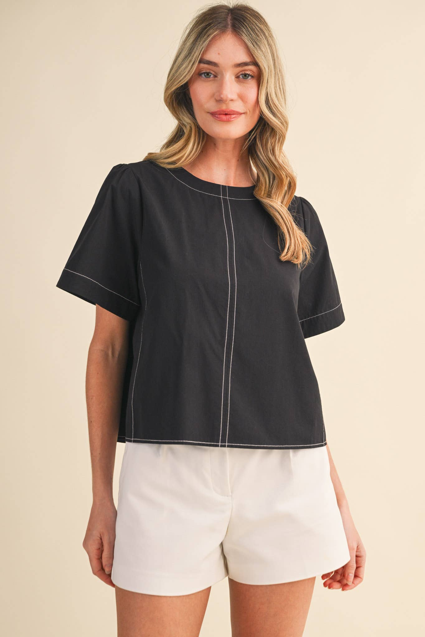 SEAM DETAIL SHORT SLEEVE BOXY TOP MTP4795: APPLE GREEN / M