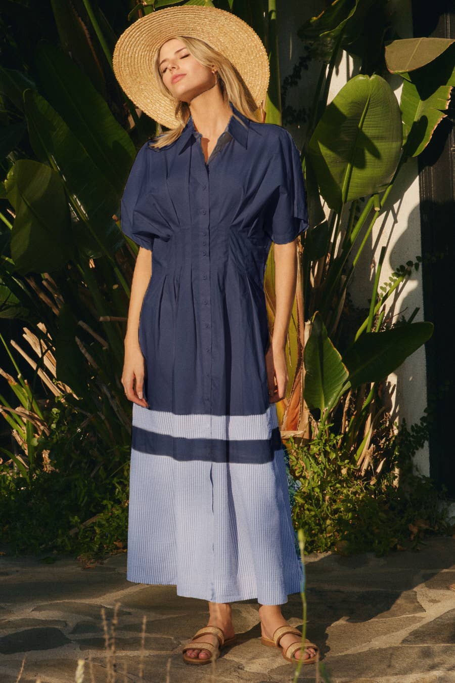Short Sleeve Shirt Dress: Navy Combo / L