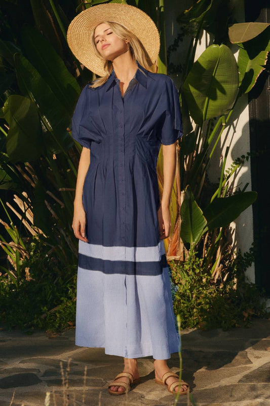 Short Sleeve Shirt Dress: Navy Combo / L