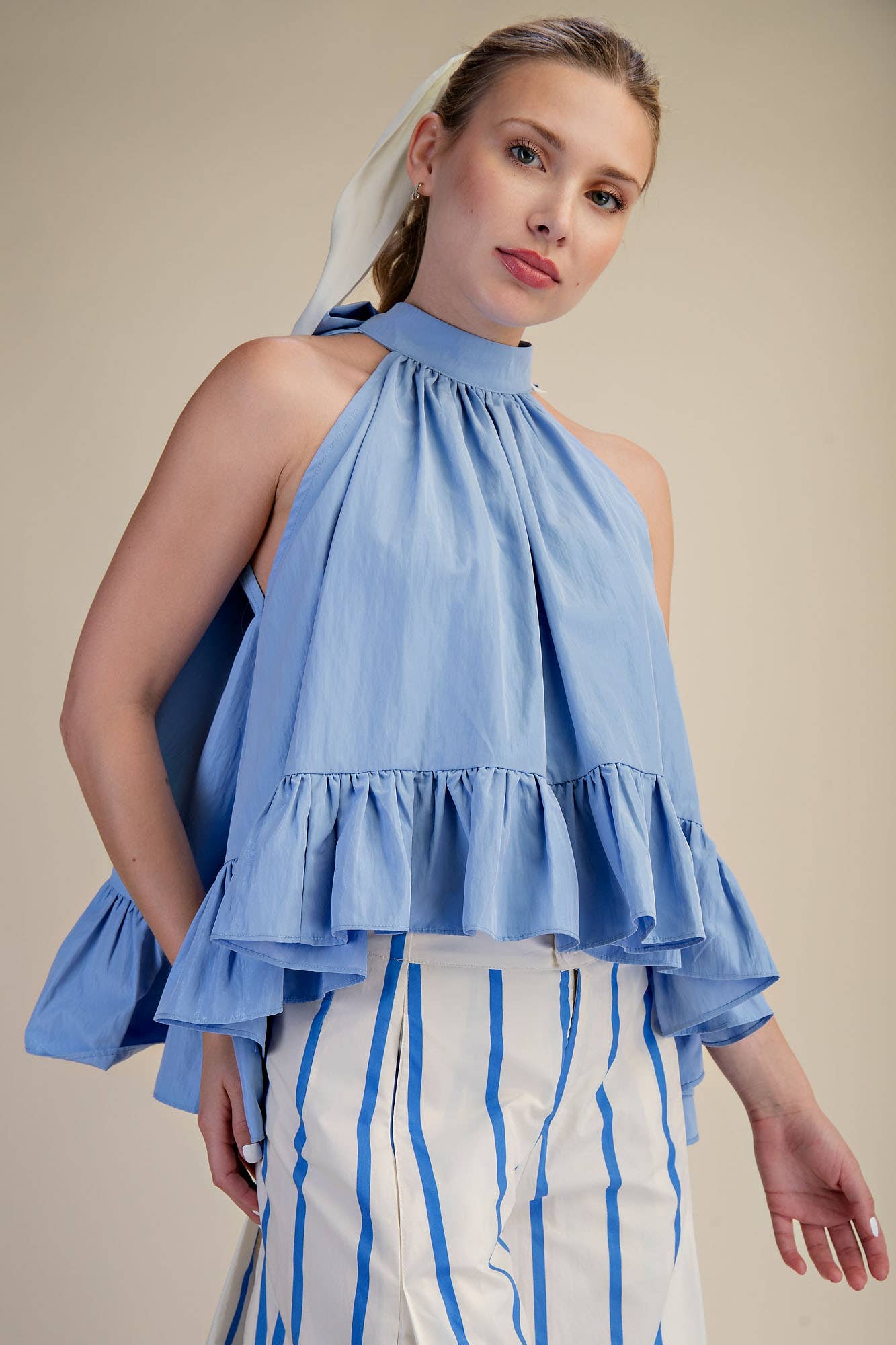 Halter Neck Sleeveless Back Neck Tie Ruffle Top: Hot Pink / S