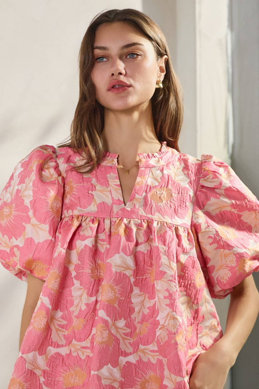 Plus Floral Satin Weave Jacquard Babydoll Top: Sage Pink / XL