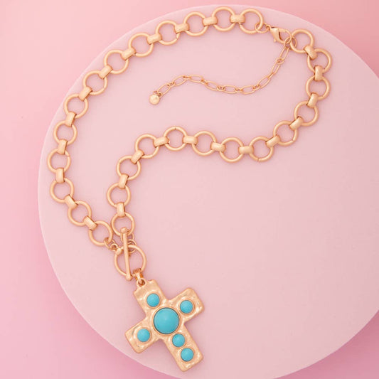 Pearl / Turquoise Embellished Cross Pendant Toggle Necklace : Turquoise