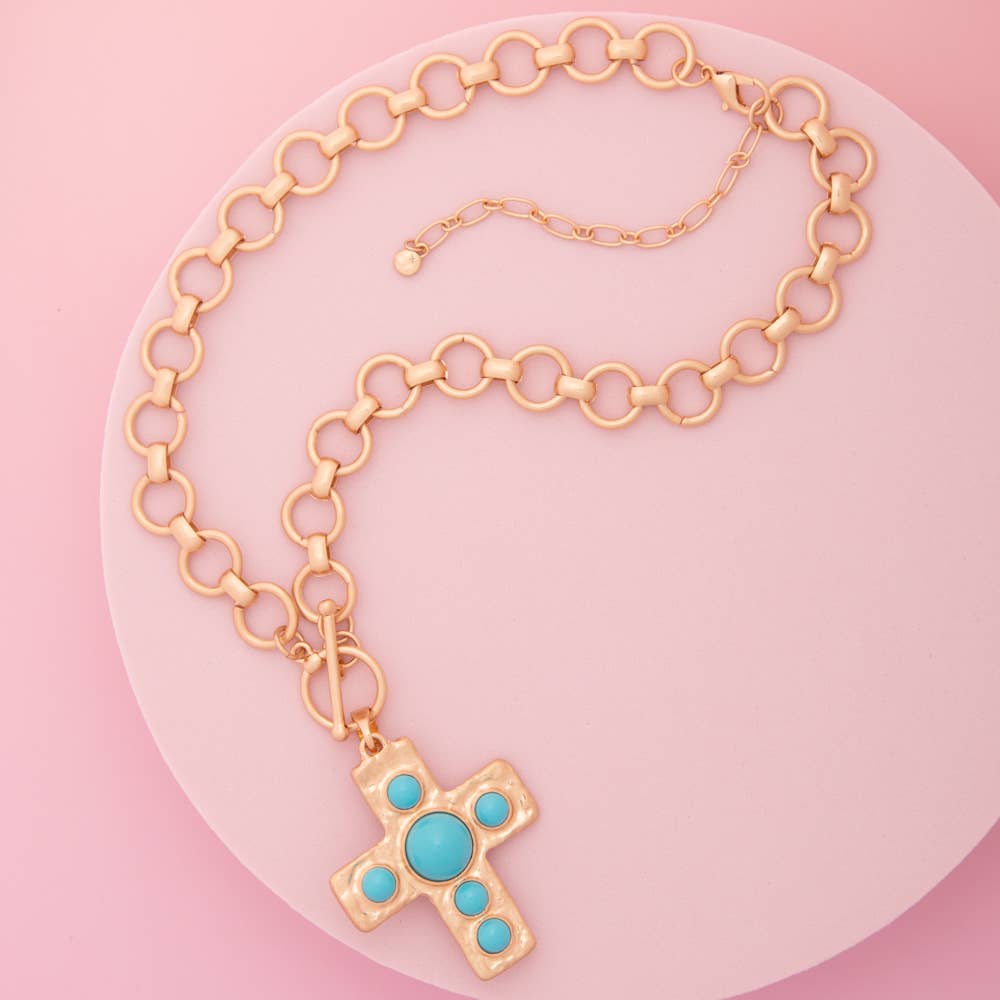 Pearl / Turquoise Embellished Cross Pendant Toggle Necklace : White
