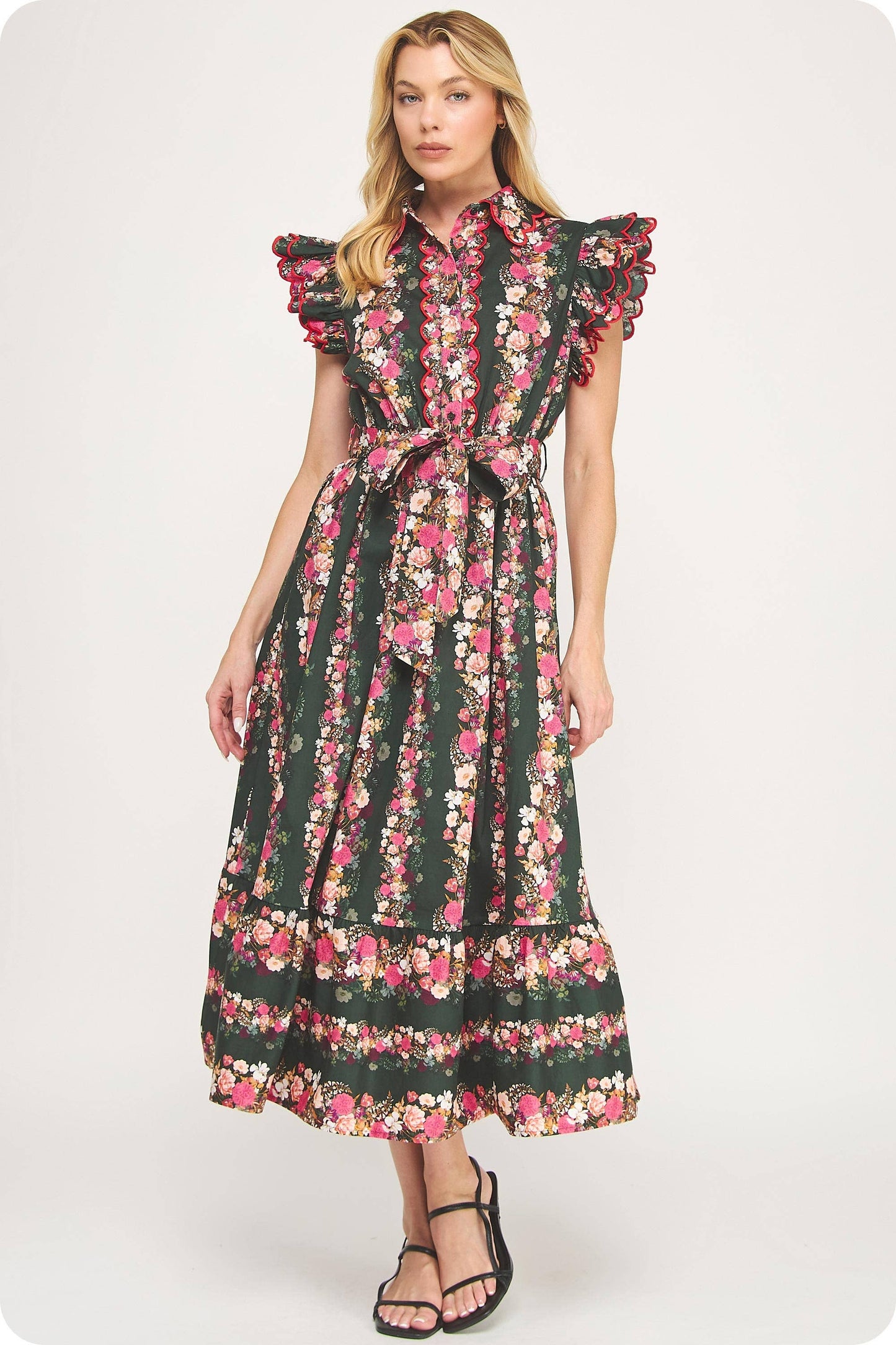 Ruffle Scallop Embroidery Floral Midi Dress: Deep Green/pink Multi / M